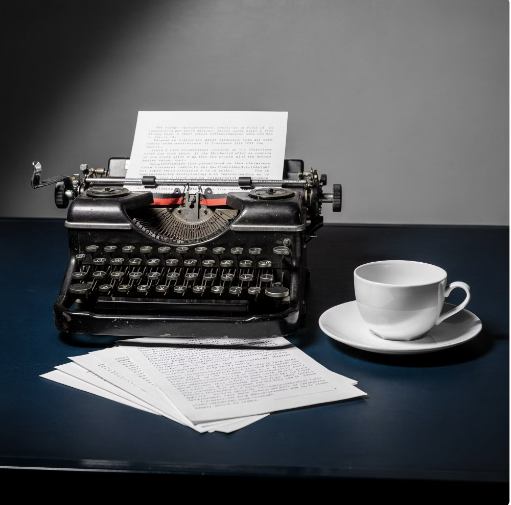Máquina de escribir y café, concepto de escritura y legado